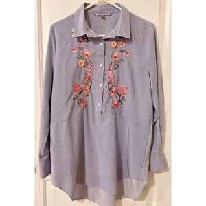 Valerie Stevens Womens Blouse Tunic Top Floral Embroidery Striped Sz L